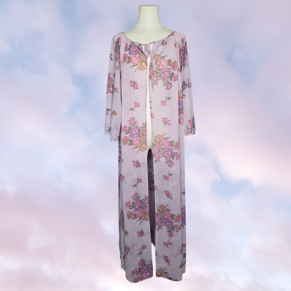 Vtg 1960s Intimate Fashions Lavender Floral Nylon Long Sleeve Lingerie Robe Sz L